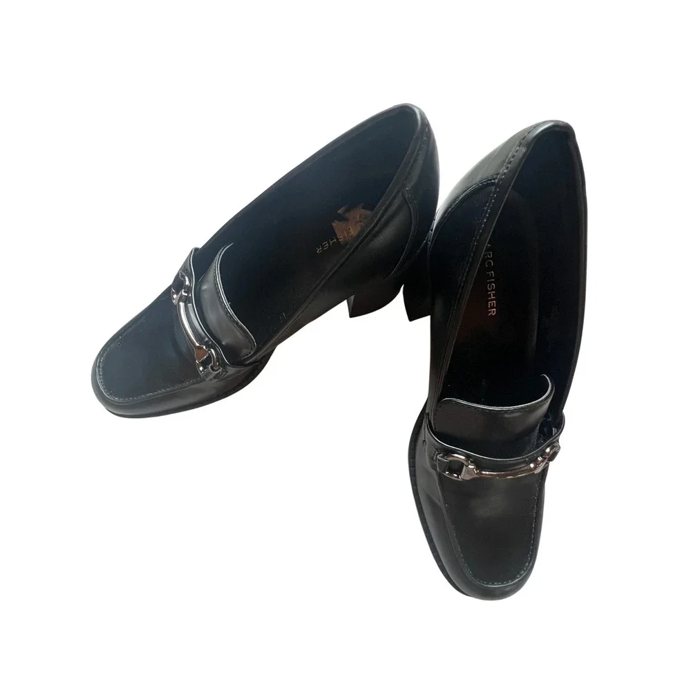 Marc Fisher Black Leather Horsebit Loafer Heels Womens 10M Block Chunky‎